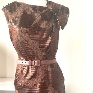 Eva Franco Belted Brown Sequin Cocktail Dress